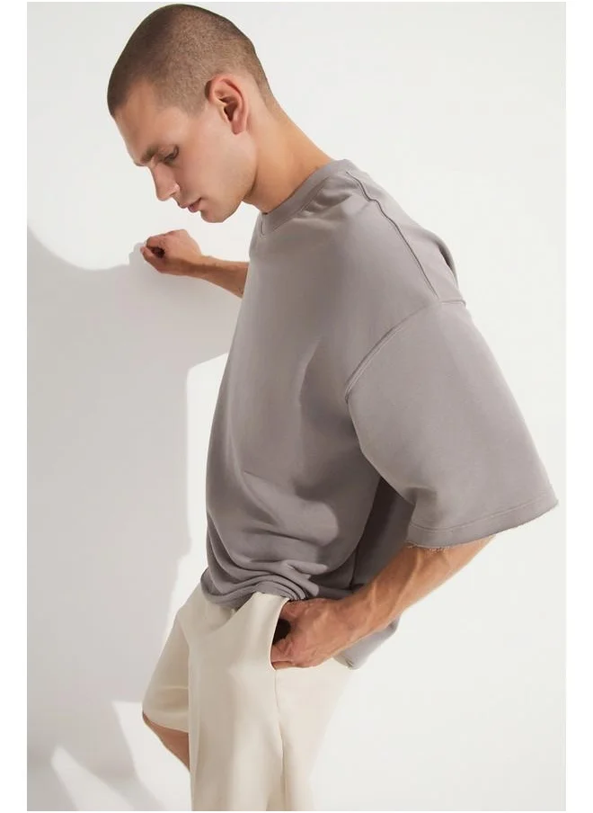 جون June Men Oversize Pattern Crew Neck Tshirt Grey