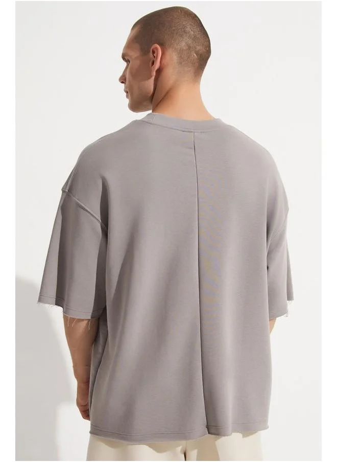جون June Men Oversize Pattern Crew Neck Tshirt Grey