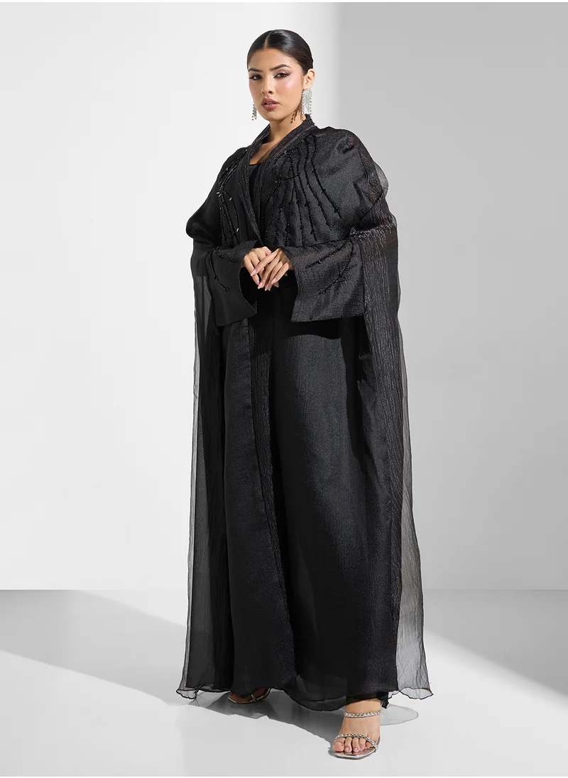 hayas closet Embellished Mesh Detailed Cape Sleeve Abaya