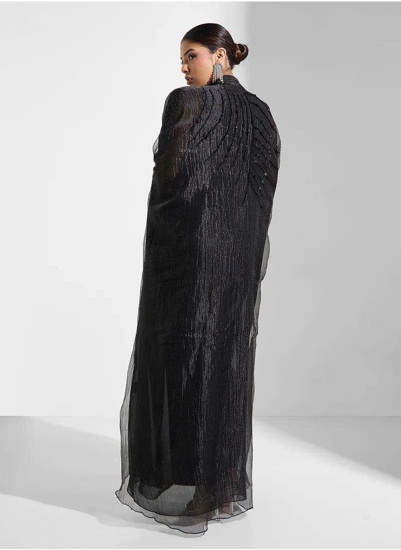 hayas closet Embellished Mesh Detailed Cape Sleeve Abaya
