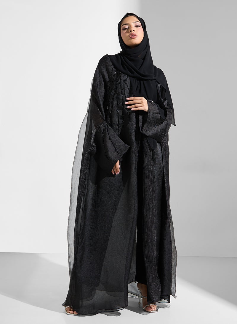 hayas closet Embellished Mesh Detailed Cape Sleeve Abaya - Image 1