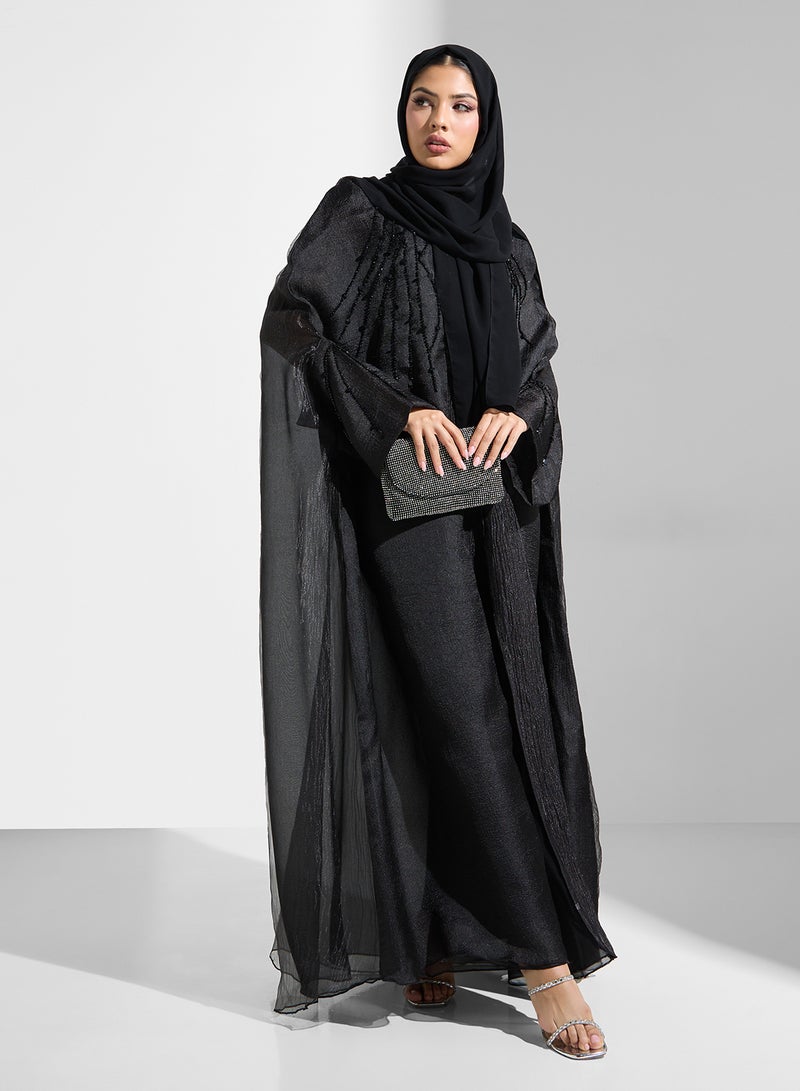 hayas closet Embellished Mesh Detailed Cape Sleeve Abaya - Image 5