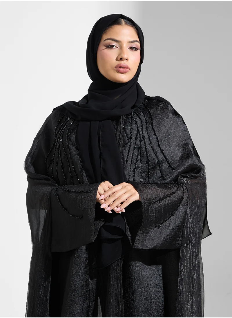 hayas closet Embellished Mesh Detailed Cape Sleeve Abaya