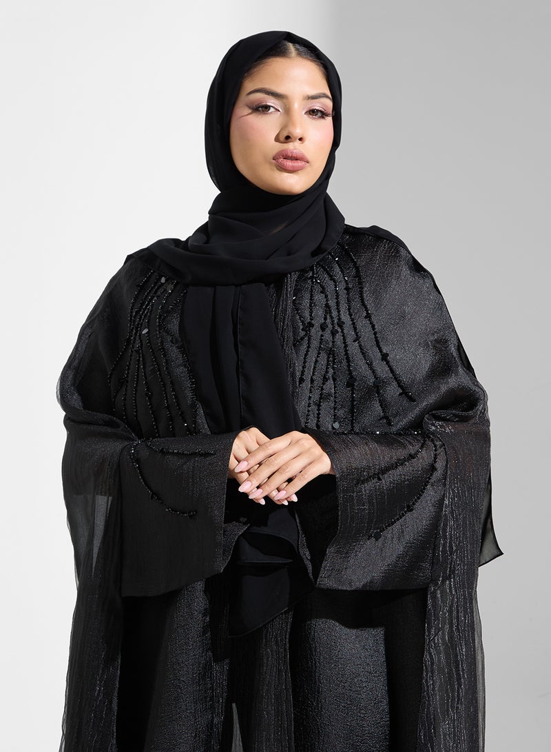 hayas closet Embellished Mesh Detailed Cape Sleeve Abaya - Image 4