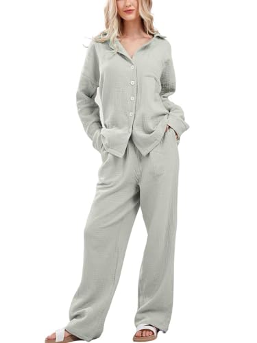 codcm Womens Pajama Sets Cotton Pj Set Cute Heart Print Long Sleeve Button Shirt With Pants(Gray,X-Large) - Image 1