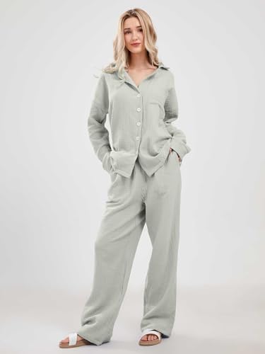 codcm Womens Pajama Sets Cotton Pj Set Cute Heart Print Long Sleeve Button Shirt With Pants(Gray,X-Large) - Image 2