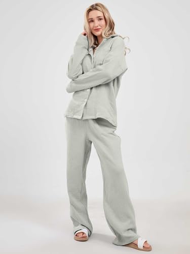 codcm Womens Pajama Sets Cotton Pj Set Cute Heart Print Long Sleeve Button Shirt With Pants(Gray,X-Large) - Image 4