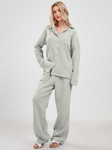 codcm Womens Pajama Sets Cotton Pj Set Cute Heart Print Long Sleeve Button Shirt With Pants(Gray,X-Large) - Image 3