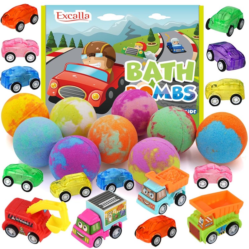 Excalla Bath Bombs for Kids with Toys Inside, 9 Pack Handmde Bath Bombs Set with Pull-Back Cars Inside, Rich Foam Color Bubble Set Boys Girls for Skin Moisturizing - Image 1