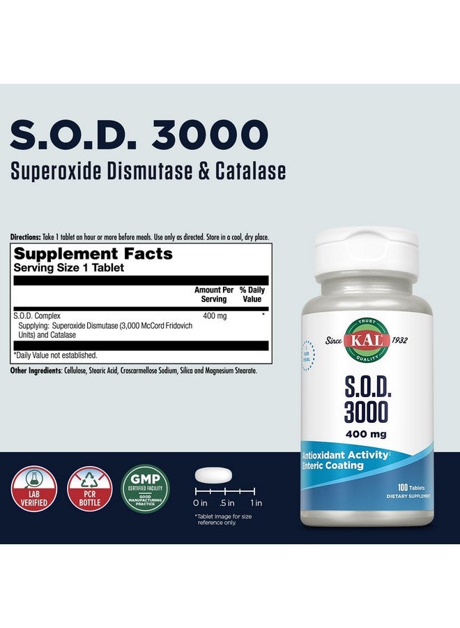 KAL S.O.D. 3000 Antioxidant Supplement 400mg, Superoxide Dismutase (SOD), Beef Liver Source, Super Antioxidant Support, Enteric Coated for Maximum Assimilation, 60-Day Guarantee, 100 Serv, 100 Tablets - Image 2
