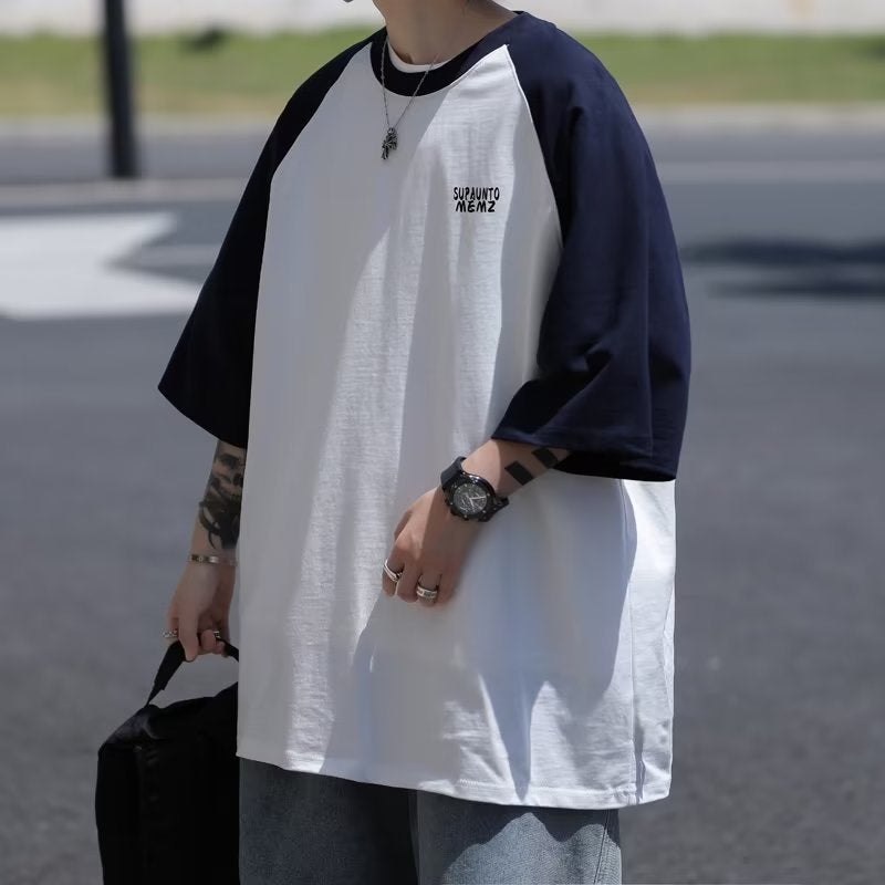 2023 new summer Japanese style youth sense raglan sleeve loose T-shirt base shirt men's loose patchwork sleeve short sleeve - Image 1
