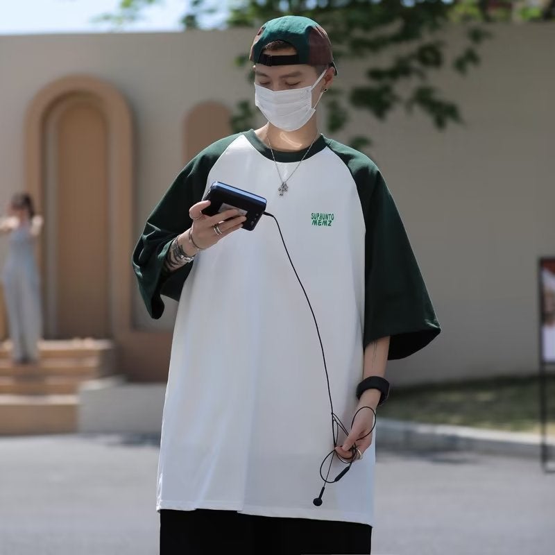 2023 new summer Japanese style youth sense raglan sleeve loose T-shirt base shirt men's loose patchwork sleeve short sleeve - Image 3