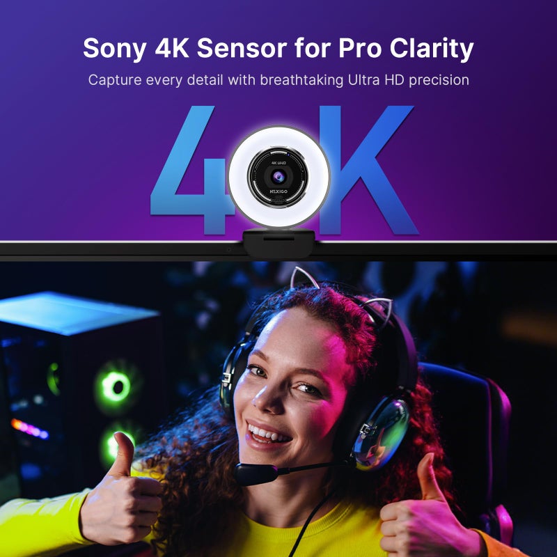 NexiGo N680E Pro 4K Webcam with Ring Light, PDAF Autofocus, 1080p 60FPS, Dual Noise-Canceling Mics, Privacy Shutter, USB Plug-and-Play for Zoom, Teams, Twitch, Google Meet - Image 2