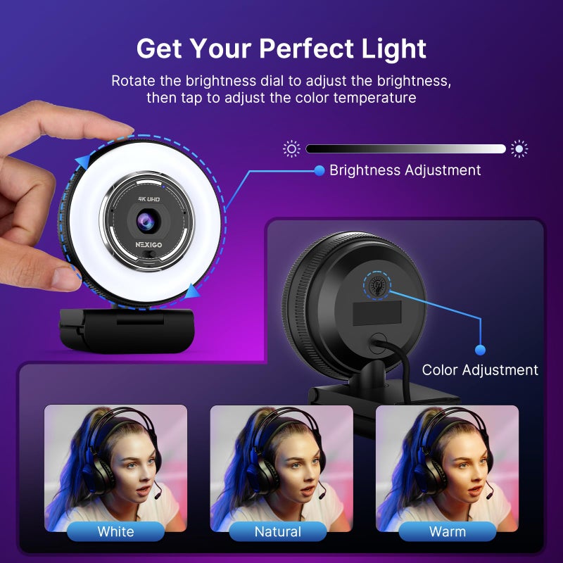 NexiGo N680E Pro 4K Webcam with Ring Light, PDAF Autofocus, 1080p 60FPS, Dual Noise-Canceling Mics, Privacy Shutter, USB Plug-and-Play for Zoom, Teams, Twitch, Google Meet - Image 4