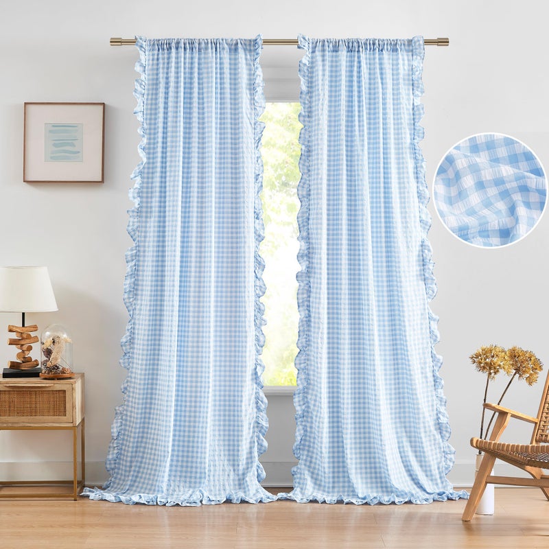 ZJDECOR Baby Blue Buffalo Plaid Ruffle Curtain Panels 84 Inches Long,Rustic Crinkled Not-See-Through Sheer Drapes,Shabby Chic Window Treatment for Bedroom Living Room,Rod Pocket,40" Wx84 L,Pack of 2 - Image 5