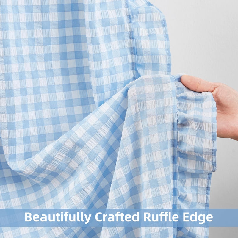 ZJDECOR Baby Blue Buffalo Plaid Ruffle Curtain Panels 84 Inches Long,Rustic Crinkled Not-See-Through Sheer Drapes,Shabby Chic Window Treatment for Bedroom Living Room,Rod Pocket,40" Wx84 L,Pack of 2 - Image 3
