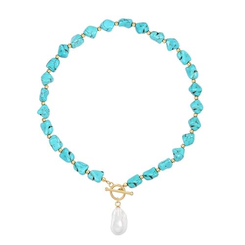 SOFYBJA Dainty 18K Gold Irregular Turquoise Pearl Pendant Necklace for Women Toggle Necklace Handmade Jewelry - Image 1