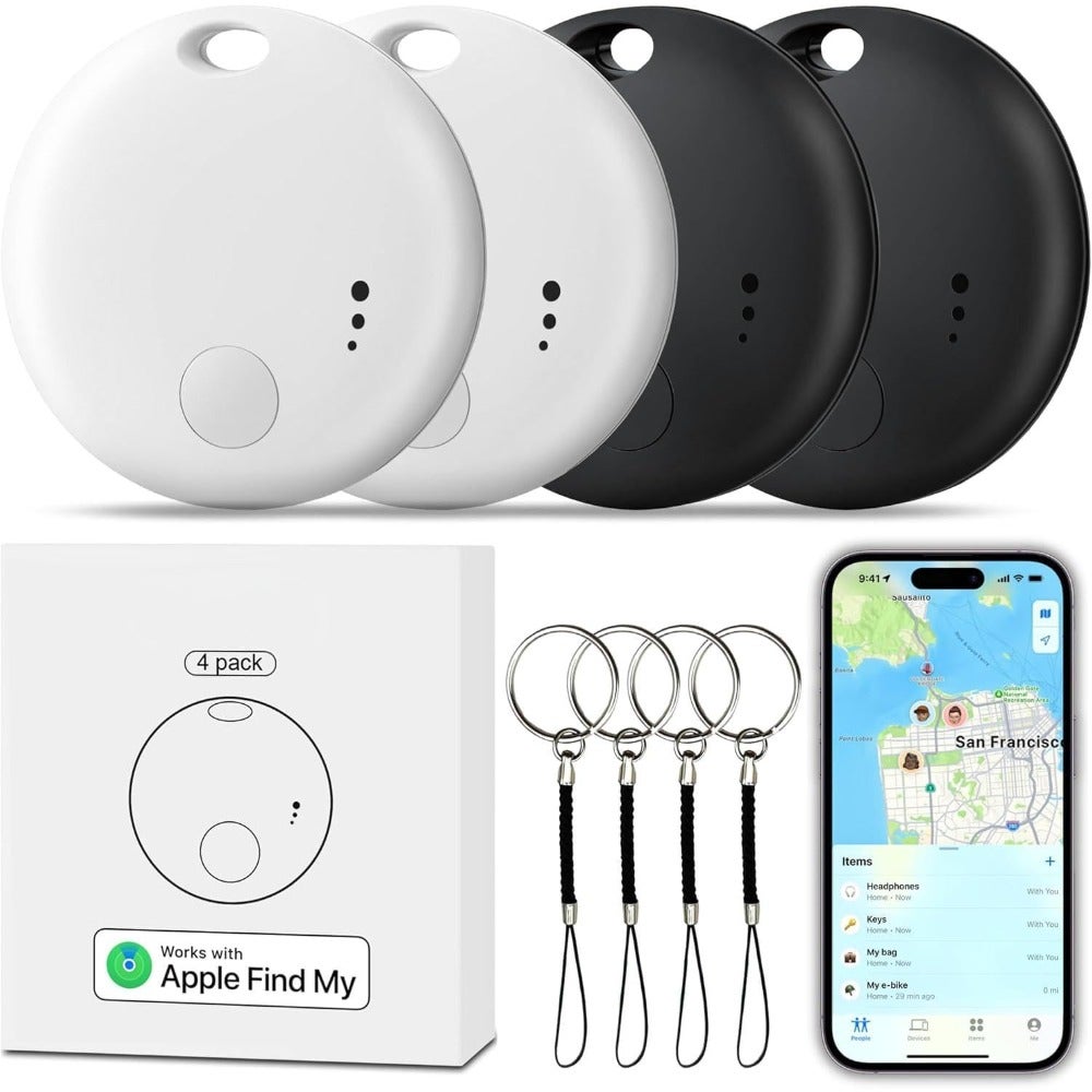 NGFJNBluetooth Item Tracker with Find My, 4-Pack Key Finder Set, 100dB Sound Alert, 350ft Range, Black and WhiteNB