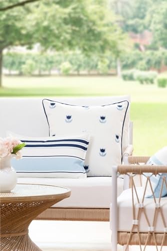 Hofdeco Premium Coastal Patio Indoor Outdoor Throw Pillow Cover Only 20x20 Water Repellent for Backyard Couch Navy Blue Embroidered Tulips Floral with Piping - Image 3