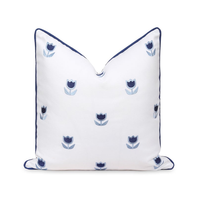 Hofdeco Premium Coastal Patio Indoor Outdoor Throw Pillow Cover Only 20x20 Water Repellent for Backyard Couch Navy Blue Embroidered Tulips Floral with Piping - Image 2