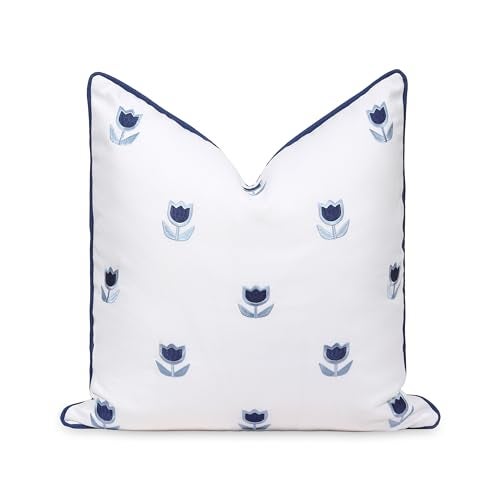 Hofdeco Premium Coastal Patio Indoor Outdoor Throw Pillow Cover Only 20x20 Water Repellent for Backyard Couch Navy Blue Embroidered Tulips Floral with Piping - Image 1