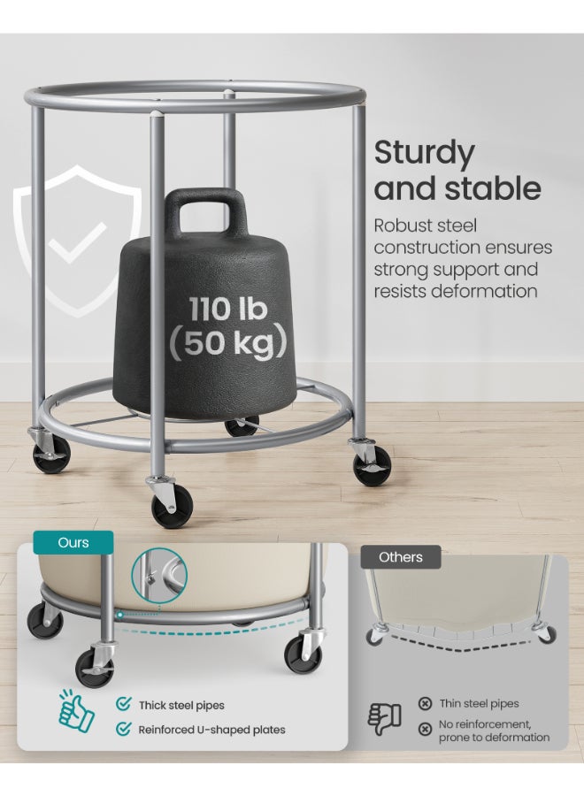 SONGMICS Laundry Basket with Wheels 60 x 60 x 81cm (170 L) with Wheels, Rolling Round Heavy-Duty Laundry Hamper Cart with Steel Frame and Removable Bag, 2 Locking Wheels, Cream White and Metallic Silver - Image 4