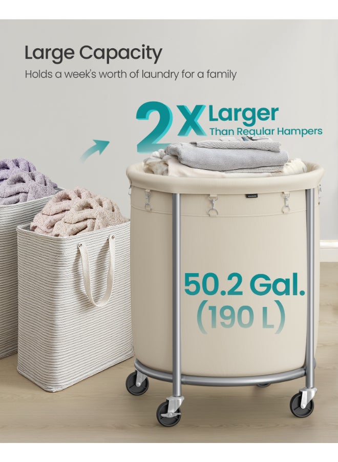 SONGMICS Laundry Basket with Wheels 60 x 60 x 81cm (170 L) with Wheels, Rolling Round Heavy-Duty Laundry Hamper Cart with Steel Frame and Removable Bag, 2 Locking Wheels, Cream White and Metallic Silver - Image 3