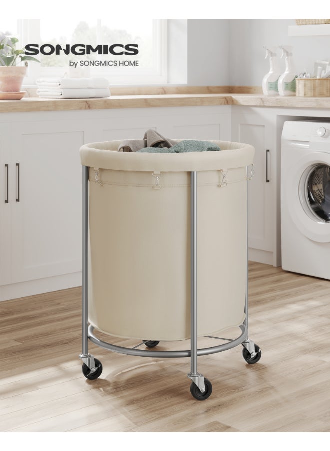 SONGMICS Laundry Basket with Wheels 60 x 60 x 81cm (170 L) with Wheels, Rolling Round Heavy-Duty Laundry Hamper Cart with Steel Frame and Removable Bag, 2 Locking Wheels, Cream White and Metallic Silver - Image 2