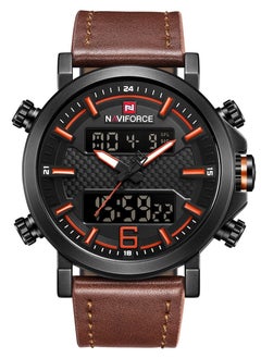 Mens Black Dial Light Brown Leather Strap Watch Analog Digital Quartz Waterproof Chronograph with Dual Display and Carbon Fiber Texture