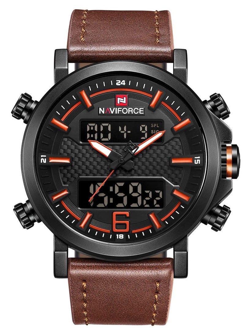 NAVIFORCE - Mens Black Dial Light Brown Leather Strap Watch Analog Digital Quartz Waterproof Chronograph with Dual Display and Carbon Fiber Texture - Image 1