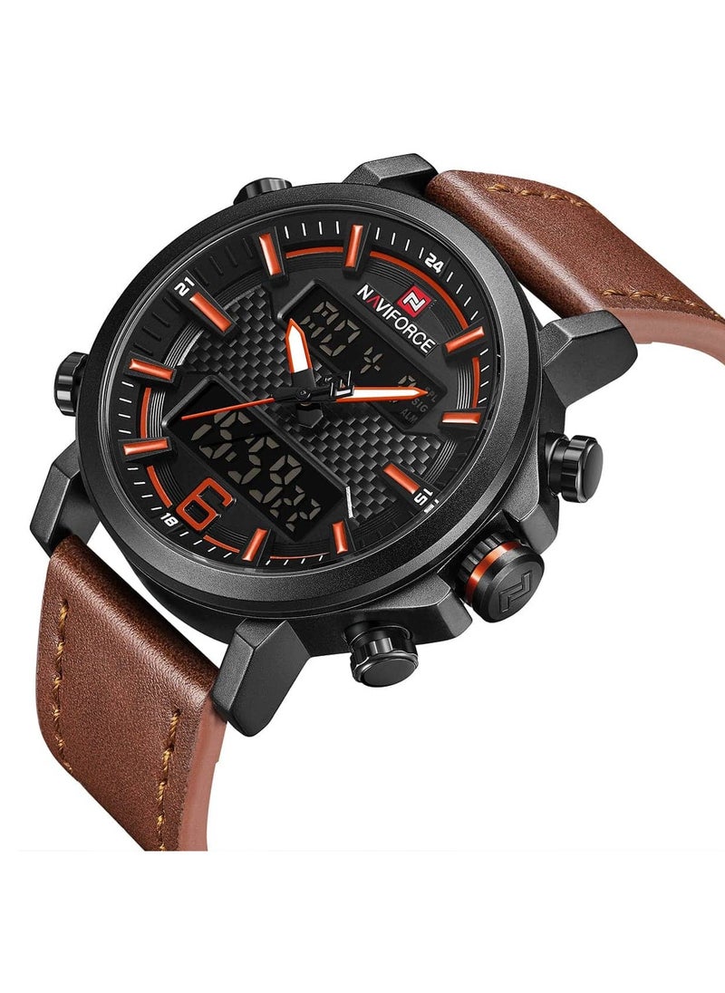 NAVIFORCE - Mens Black Dial Light Brown Leather Strap Watch Analog Digital Quartz Waterproof Chronograph with Dual Display and Carbon Fiber Texture - Image 1
