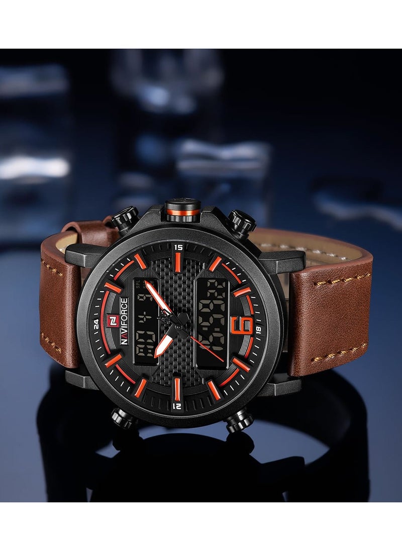 NAVIFORCE - Mens Black Dial Light Brown Leather Strap Watch Analog Digital Quartz Waterproof Chronograph with Dual Display and Carbon Fiber Texture - Image 1