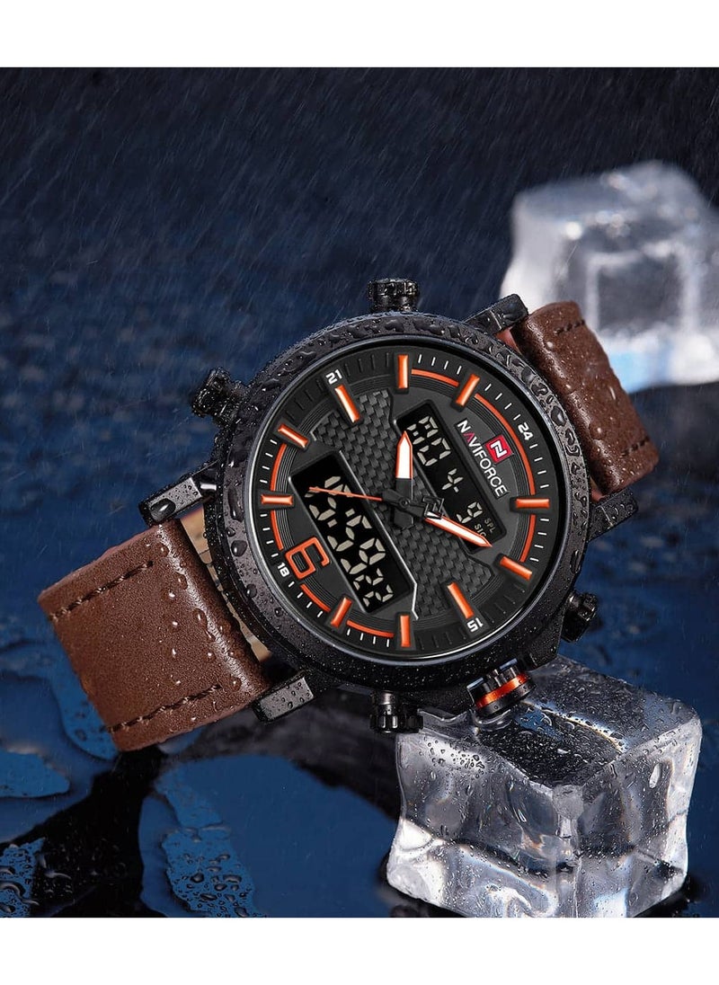 NAVIFORCE - Mens Black Dial Light Brown Leather Strap Watch Analog Digital Quartz Waterproof Chronograph with Dual Display and Carbon Fiber Texture - Image 1