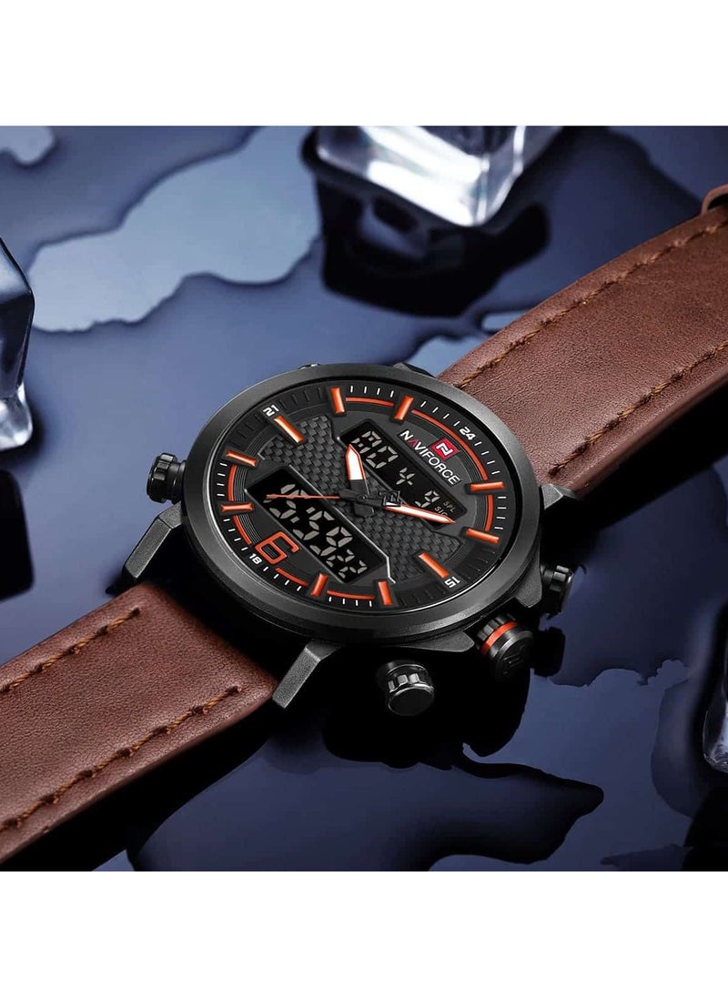 NAVIFORCE - Mens Black Dial Light Brown Leather Strap Watch Analog Digital Quartz Waterproof Chronograph with Dual Display and Carbon Fiber Texture - Image 1