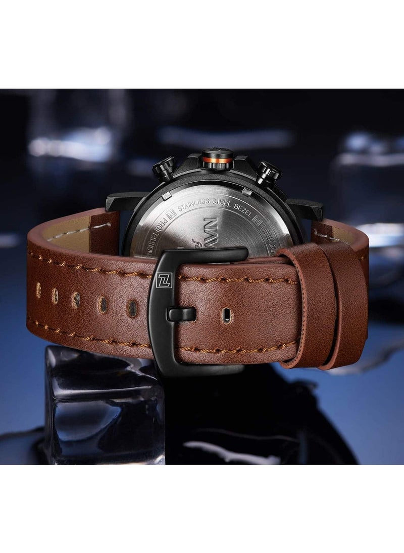 NAVIFORCE - Mens Black Dial Light Brown Leather Strap Watch Analog Digital Quartz Waterproof Chronograph with Dual Display and Carbon Fiber Texture - Image 1