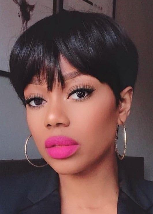 QUEENTAS Human Hair Wig Short Wigs for Black Women Pixie Cut Wig Brazilian Glueless Real hair Wigs for Daily UseNatural Black1B