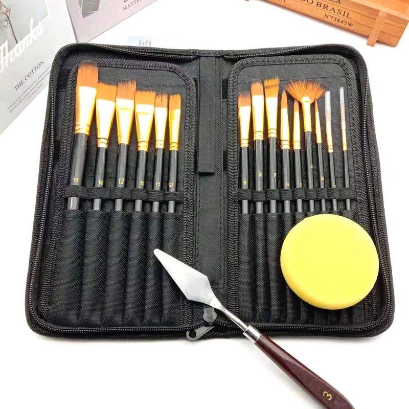 Artnery Artnery 15 Pcs Paint Brush Set Includes Canvas Bag with 1 Palette Knife and 1 Sponge for Acrylic, Watercolor Brush Drawing Painting Art  - Image 4