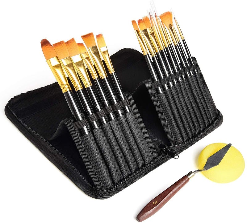 Artnery Artnery 15 Pcs Paint Brush Set Includes Canvas Bag with 1 Palette Knife and 1 Sponge for Acrylic, Watercolor Brush Drawing Painting Art  - Image 2