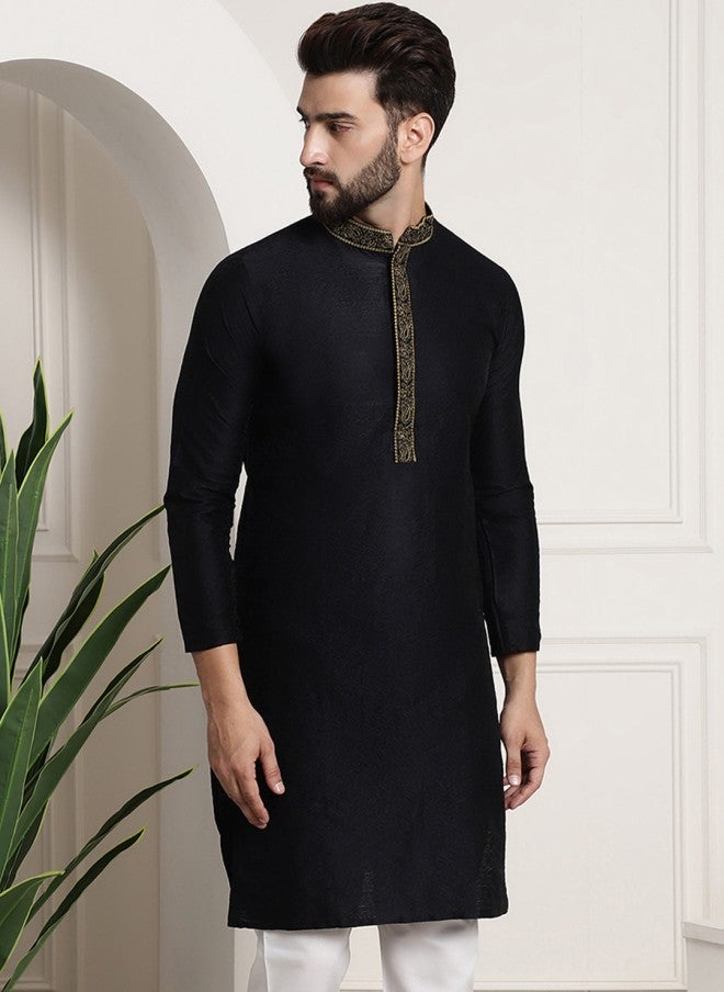 Sojanya Black Silk Mandarin Collar Kurta for Men - Image 3