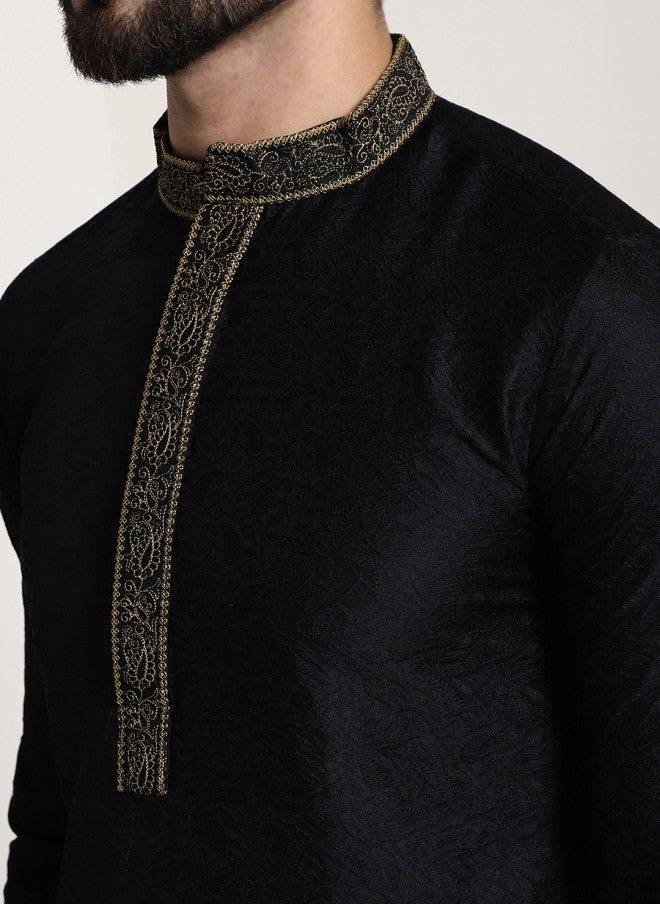 Sojanya Black Silk Mandarin Collar Kurta for Men - Image 2