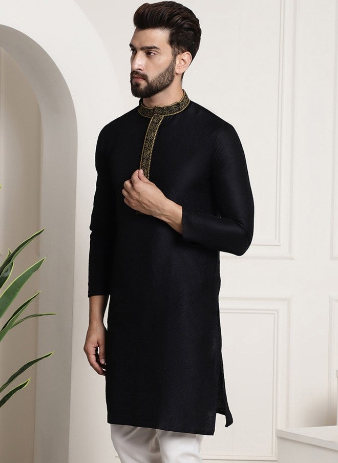 Sojanya Black Silk Mandarin Collar Kurta for Men - Image 4