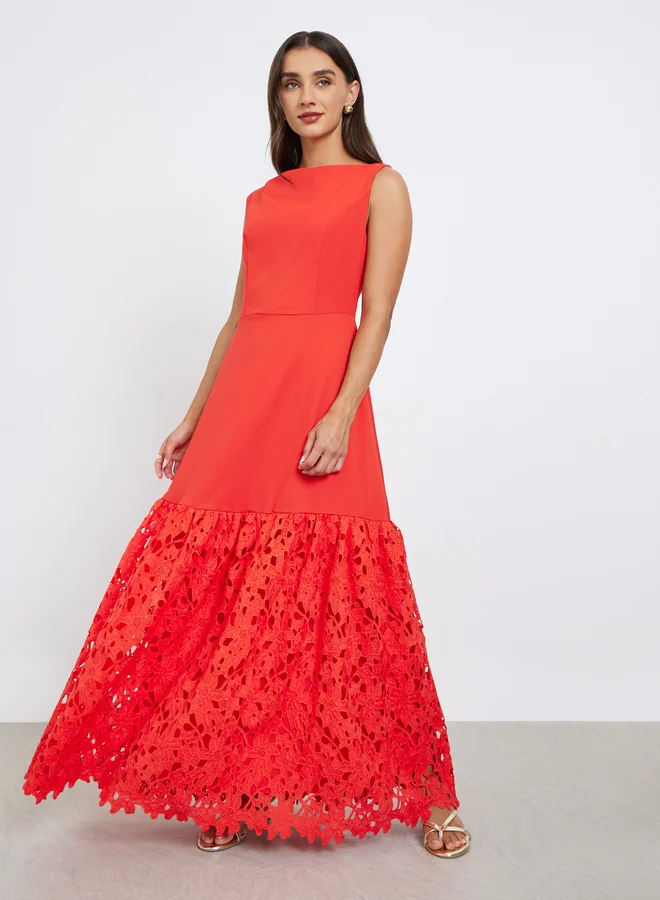 Styli  Red Lace Hem Sleeveless A-Line Maxi Dress for Women | Best Price UAE