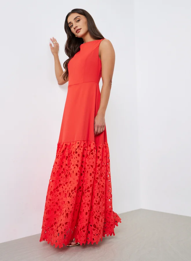 Styli Red Lace Hem Sleeveless A-Line Maxi Dress