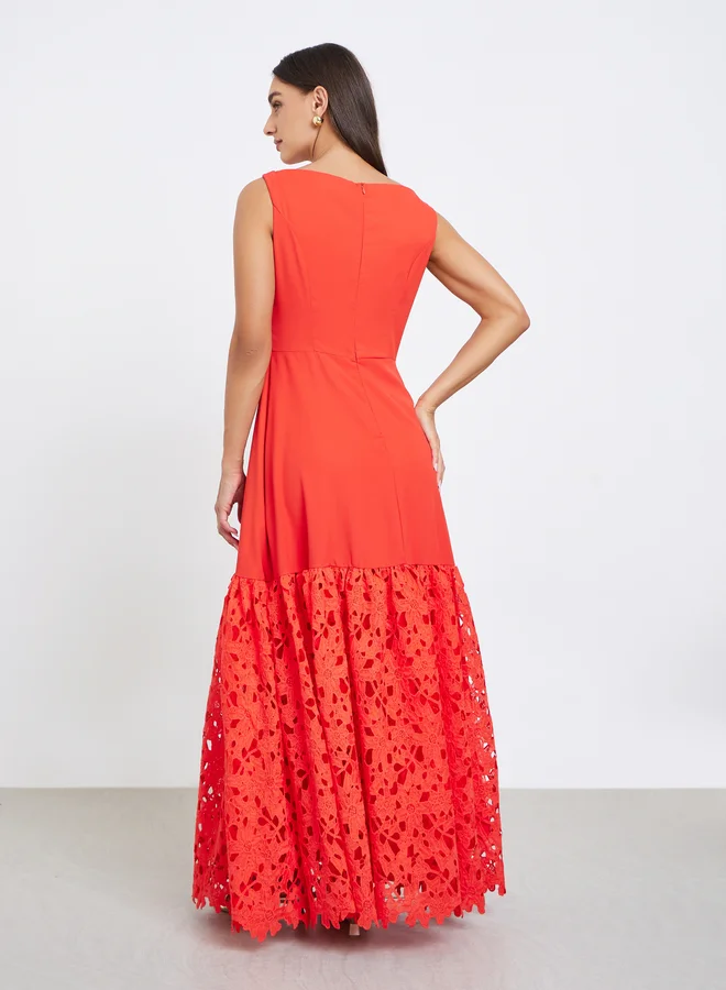 Styli  Red Lace Hem Sleeveless A-Line Maxi Dress for Women | Best Price UAE