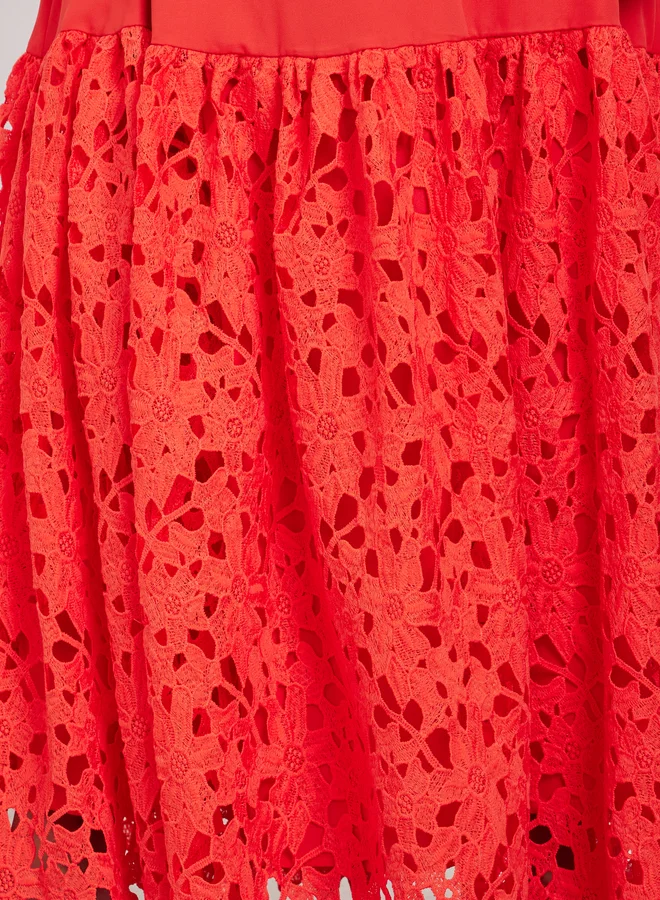 Styli  Red Lace Hem Sleeveless A-Line Maxi Dress for Women | Best Price UAE