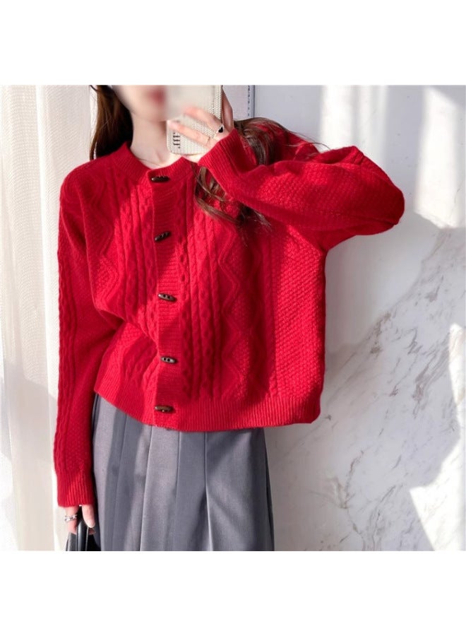 Red Winter Korea Round Neck Diamond Pattern Cable Knit Toggle Cardigan Sweater