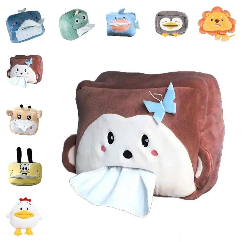 MULZI Stylish Velvet Car Tissue Box Holder for Car Animal Faces Cute Cartoon Multifunctional Portable Car Tissue Paper Holder for Car Interior Decoration Accessories (Monkey) - Image 1
