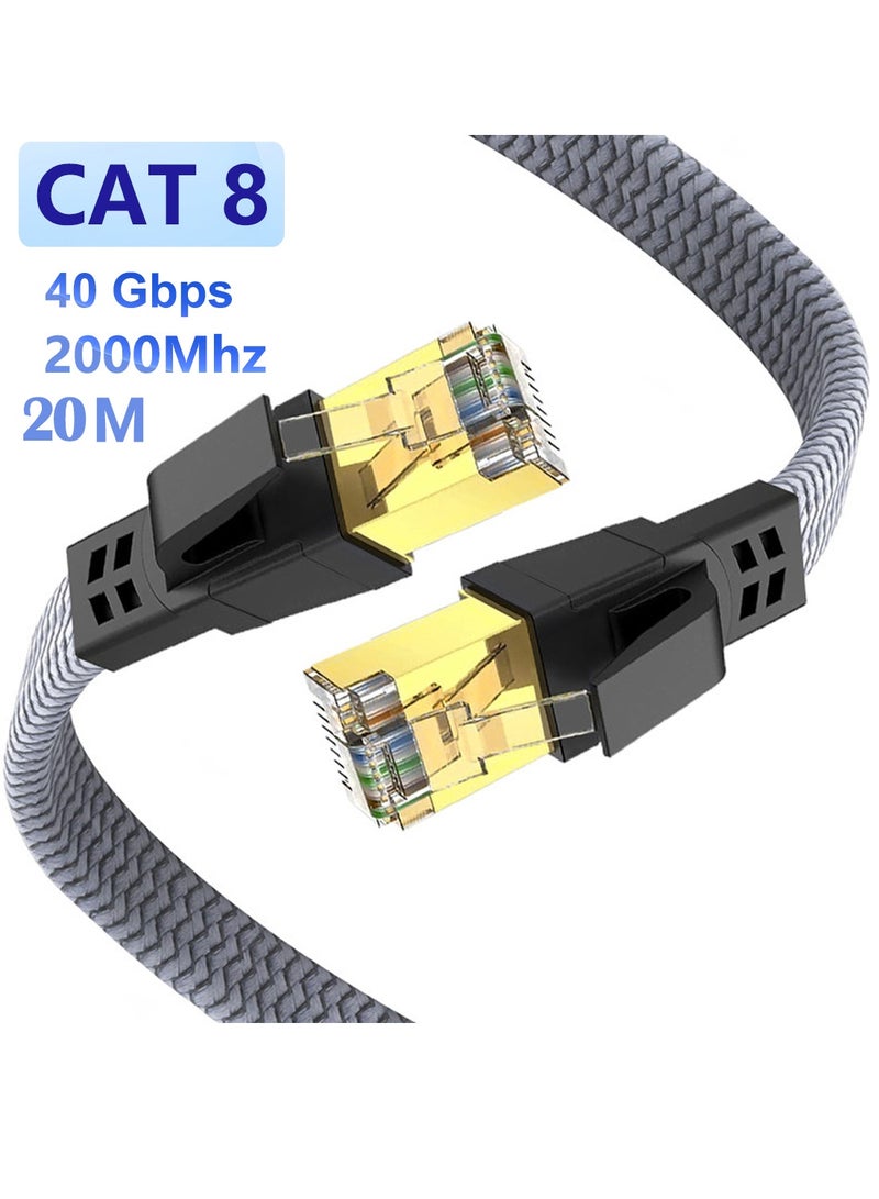 يوك كابل إيثرنت Cat8 بطول 20 مترًا، عالي السرعة 40 جيجابت في الثانية، 2000 ميجاهرتز، RJ45، سلك شبكة إنترنت مضفر ومحمي، سلك توصيل شبكة LAN عالي السرعة شديد التحمل، كابل إنترنت مسطح SFTP RJ45 بسرعة 40 جيجابت في الثانية، 2000 ميجاهرتز، محمي داخل الجدار، متوافق مع أجهزة الألعاب، وأجهزة الكمبيوتر، وPS5، وPS4، وXbox، والمودم، والراوتر، وموسع نطاق الواي فاي، ولوحة التوصيل - 20 مترًا - Image 1