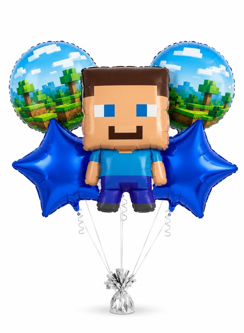Minecraft Birthday Balloon Bouquet Set 5 Pcs – Large Steve Character + 2 Round Minecraft Scene + 2 Royal Blue Star Foil Balloons, Boys Gaming Birthday Party Decoration, Kids Party Supplies UAE - Image 1