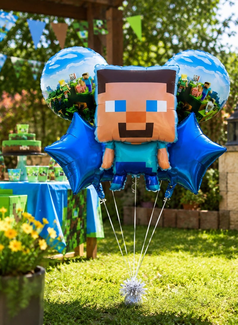 Minecraft Birthday Balloon Bouquet Set 5 Pcs – Large Steve Character + 2 Round Minecraft Scene + 2 Royal Blue Star Foil Balloons, Boys Gaming Birthday Party Decoration, Kids Party Supplies UAE - Image 2